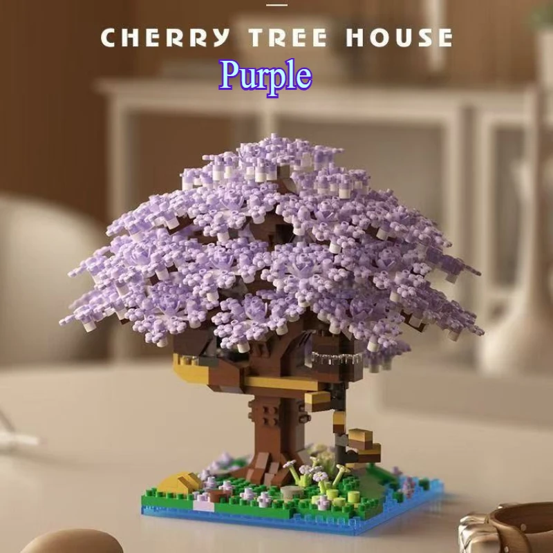 DIY Purple Romantic Cherry Blossom Flower Pink Tree House Train Assembly Building Blocks Classic Model Bricks Toys For Kids