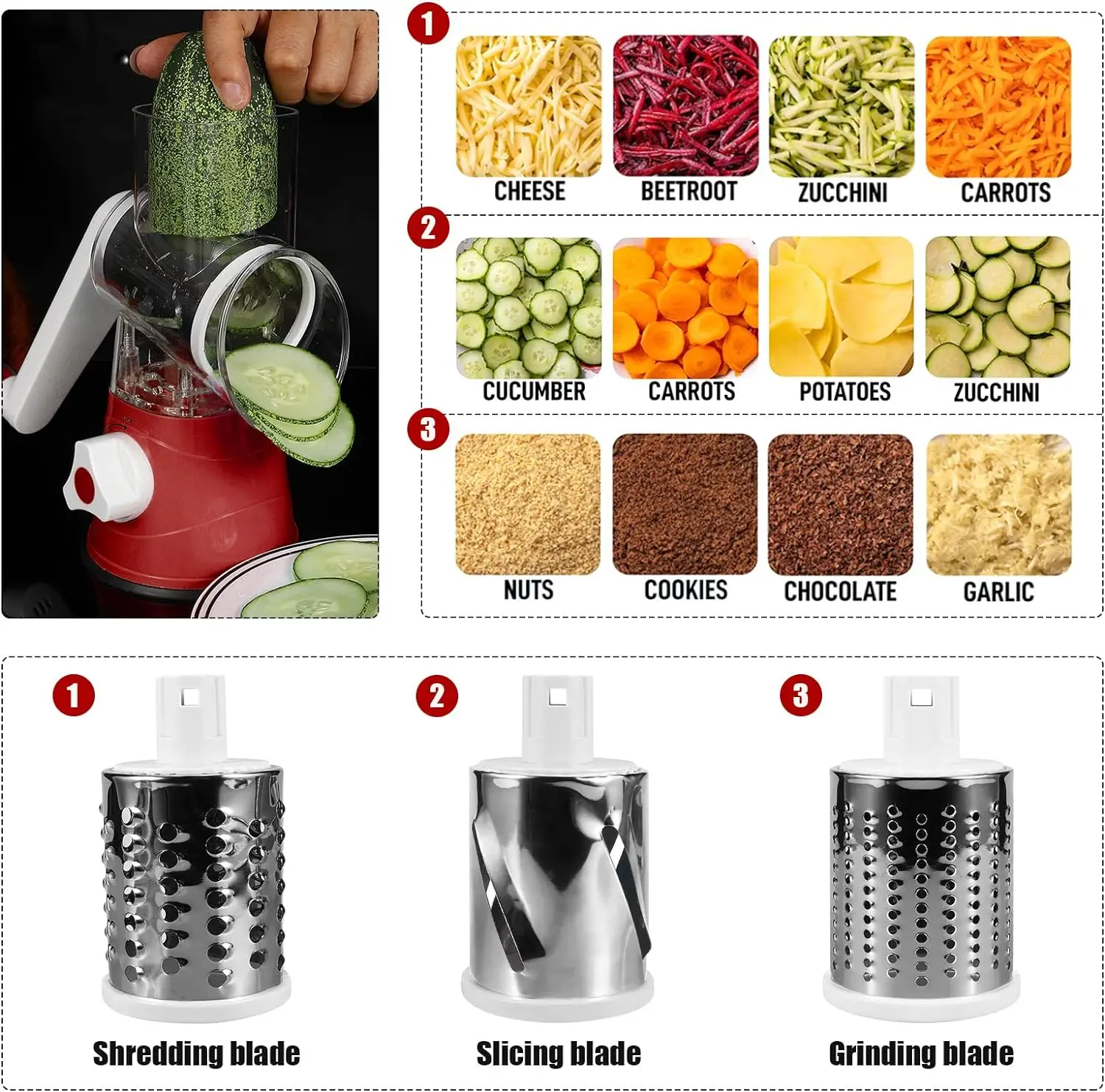 Cheese Grater Rotary, Rotary Grater for Kitchen, 3 in 1 Grater Vegetable Slicer with 3 Drum Blades,Fast Cutting Cheese Shredder - Image 5
