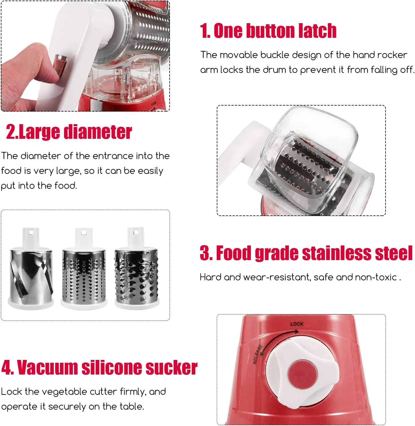 Cheese Grater Rotary, Rotary Grater for Kitchen, 3 in 1 Grater Vegetable Slicer with 3 Drum Blades,Fast Cutting Cheese Shredder - Image 4